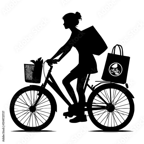 Woman riding bicycle with shopping bags silhouette