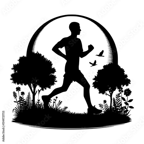 Silhouette of a man jogging in a scenic park