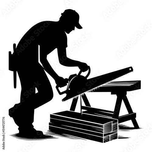 Silhouette of carpenter using a hand saw