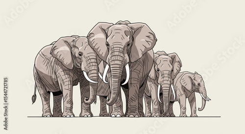 Flat Minimalist Vector Design A Group of Elephants Standing Together in Natural Habitat