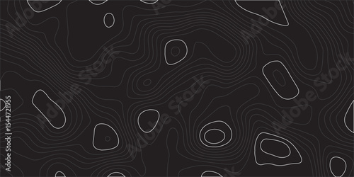 Create a vector illustration featuring an abstract topographic map pattern. The background should be a solid, very dark gray or near-black color. Overlaid on this background are numerous thin.