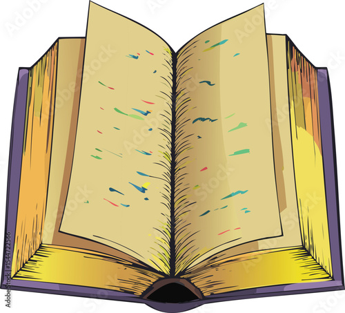 the open book's appearance (colors, textures, script). What does it imply about its age and the atmosphere