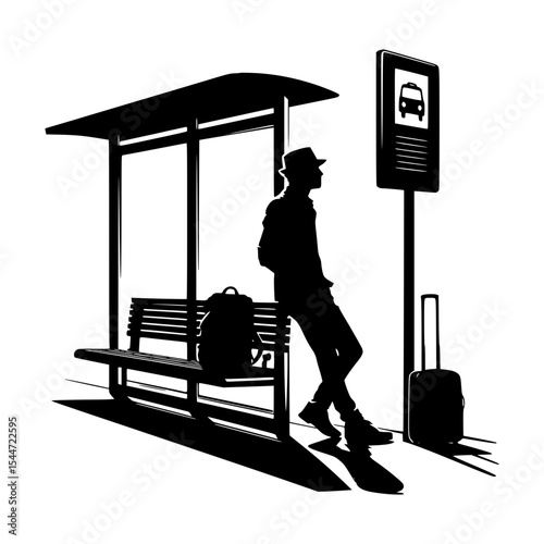 Silhouette of traveler waiting at bus stop