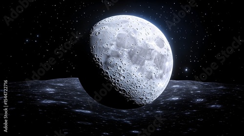 Moonrise over lunar surface, starscape background, space exploration