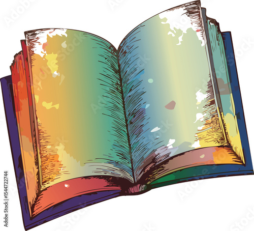 the open book's appearance (colors, textures, script). What does it imply about its age and the atmosphere