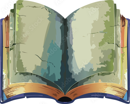 the open book's appearance (colors, textures, script). What does it imply about its age and the atmosphere