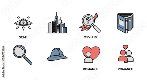 Genre Selector Icons: Sci-Fi, Mystery, and Romance in Flat Visual Style