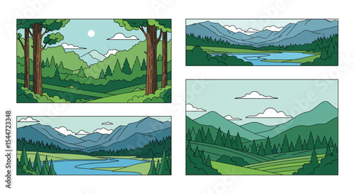 Flat Minimalist Vector Design of Landscapes Featuring Mountains Forest Lakes and Sky
