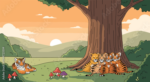 A Peaceful Scene of Tigers Resting Under a Tree at Sunset Vector