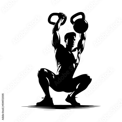 Muscular man performing kettlebell squat exercise
