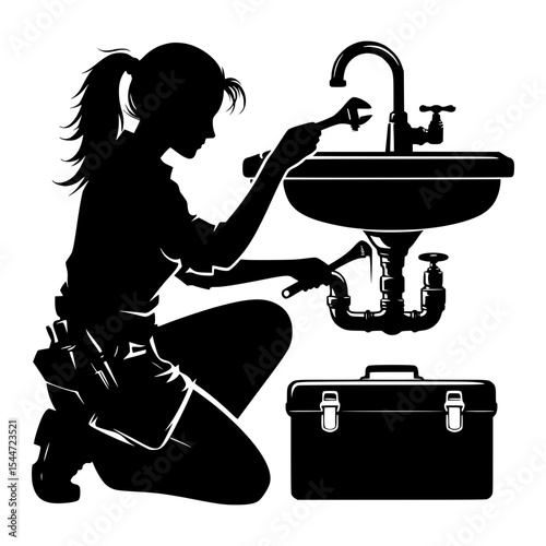 Female plumber repairing sink plumbing silhouette