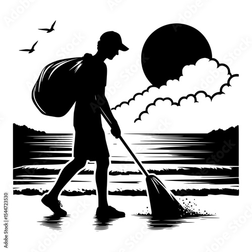 Silhouette of person cleaning beach at sunset