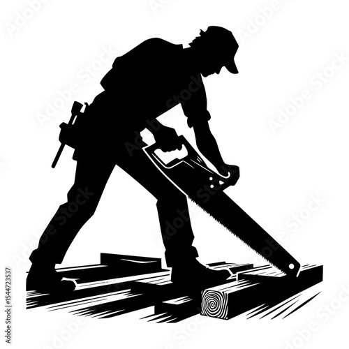 Silhouette of carpenter using hand saw on wood