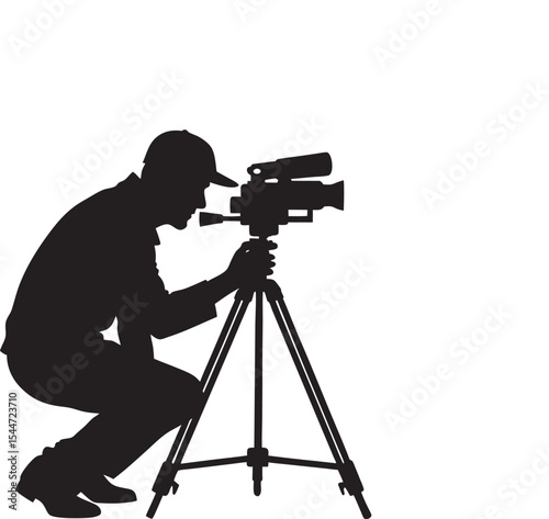 This collection of black and white images depicts various poses and actions of a cameraman, some with film equipment and a clapboard, suggesting a movie production theme