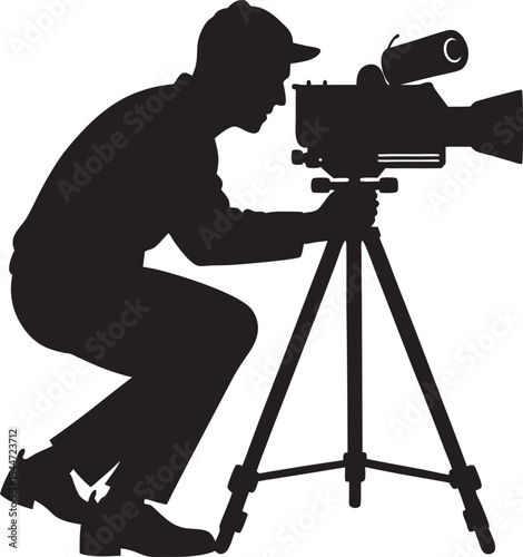 This collection of black and white images depicts various poses and actions of a cameraman, some with film equipment and a clapboard, suggesting a movie production theme