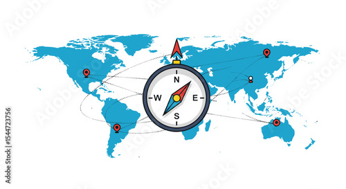 Minimalist World Map with Compass and Destinations Represents Global Travel and Exploration