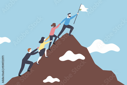 Teamwork and Leadership Illustration People Climbing Mountain to Success with Flag Business Collaboration and Achievement Concept Vector