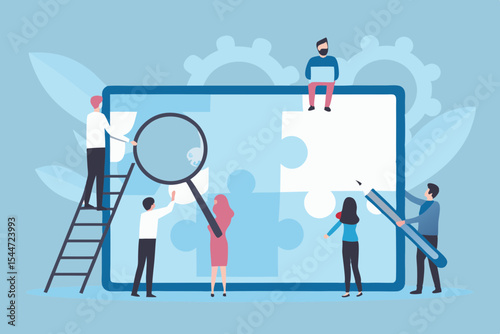 Teamwork and Problem Solving Concept with People Assembling Jigsaw Puzzle Using Magnifying Glass and Pencil for Strategy and Analysis