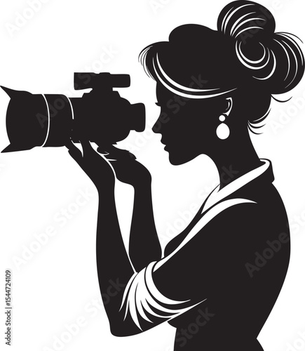 This collection of black and white images depicts various poses and actions of a cameraman, some with film equipment and a clapboard, suggesting a movie production theme