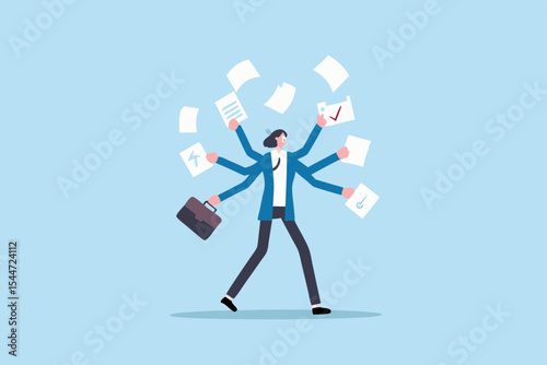 Businesswoman with multiple arms juggling documents multitasking and time management concept busy female employee handling many tasks at once
