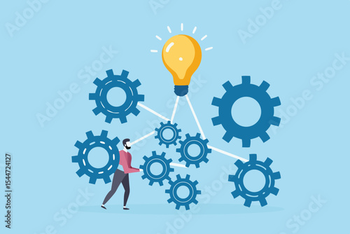 Business Idea Generation and Implementation with Teamwork and Collaboration Featuring Gears and a Lightbulb on a Blue Background