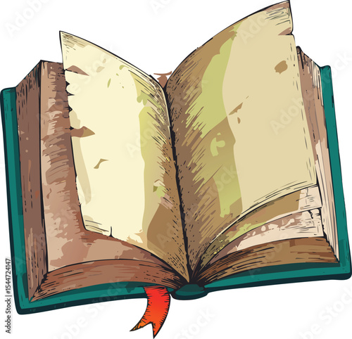 the open book's appearance (colors, textures, script). What does it imply about its age and the atmosphere