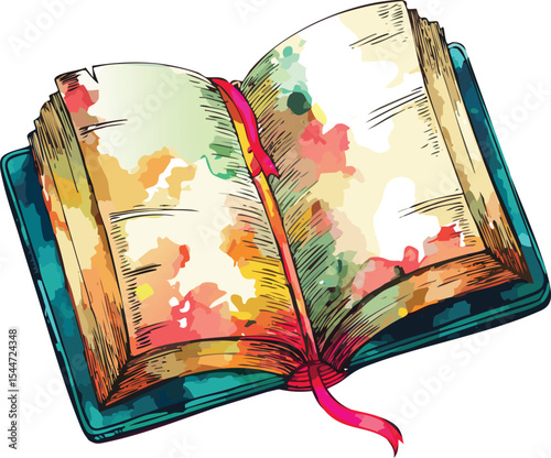 the open book's appearance (colors, textures, script). What does it imply about its age and the atmosphere