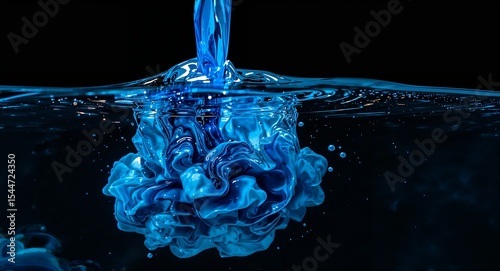 Blue liquid being poured into water creating a cloud like formation against a black background