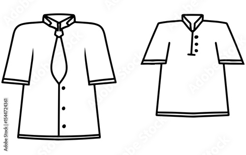 Vector illustration of black ink hand drawn short sleeve shirt with tie and without tie, coloring page