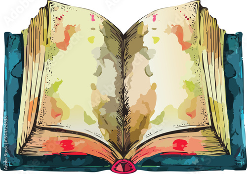 the open book's appearance (colors, textures, script). What does it imply about its age and the atmosphere