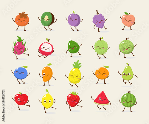 Cute Fruit Cartoon Mascot Character Collection with Smiling Faces and Playful Poses – Perfect for Kids Illustrations, Healthy Food Concepts, and Educational Materials