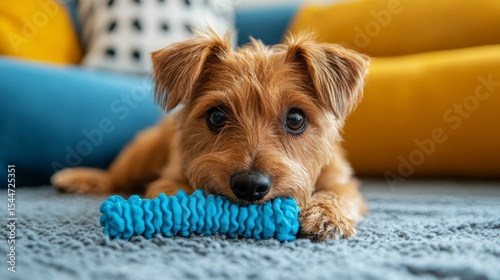 Wallpaper Mural Cute small dog playing with a blue chew toy indoors at home Torontodigital.ca