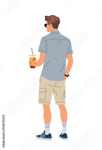 Young man in casual summer clothes and sunglasses, rear view, holding a refreshing drink. Relaxed vacation or beach vibe. Vector illustration isolated on transparent background