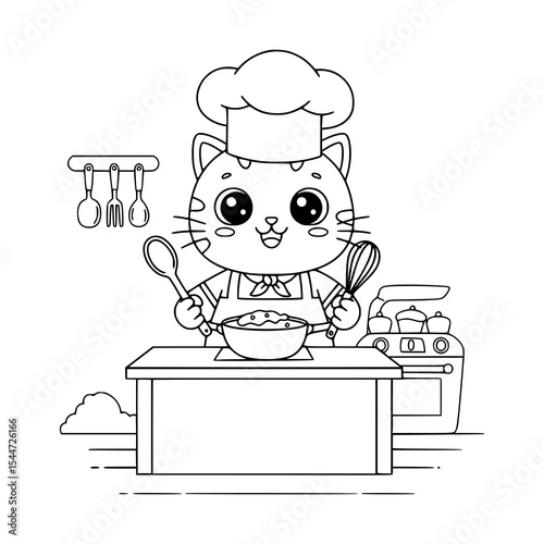 funny cartoon cat chef cooking in kitchen. coloring page