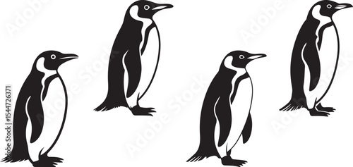 Four Black and White Penguin Silhouettes Standing monochrome