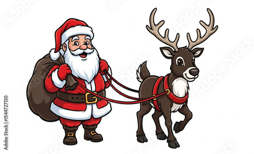 Cartoon Santa Claus with reindeer on white background