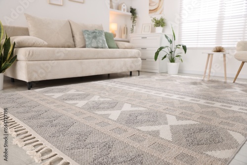 Obraz na plátně Comfortable sofa and stylish rug in room. Interior design