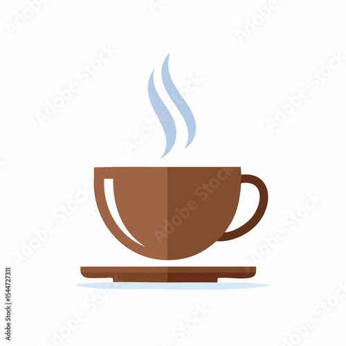 A brown coffee cup with steam rising, sitting on a saucer, against a white background.