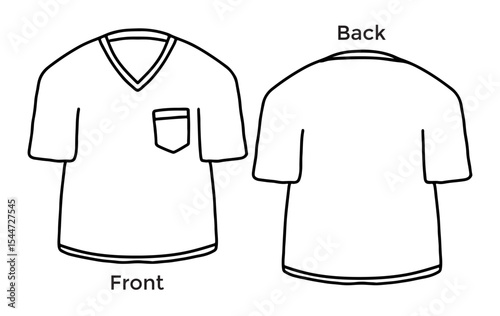 Vector illustration of black ink hand drawn outline of V-neck short sleeve t-shirt, front and back