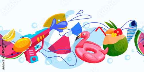 Summer beach seamless background with water gun, flamingo toy, coconut cocktail, ball, watermelon. Vector illustration