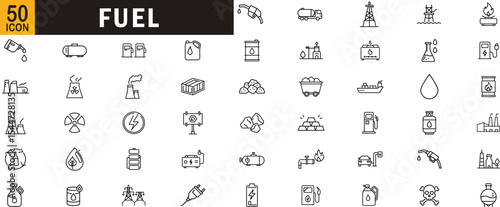 Fuel editable outline icon set. Gasoline energy oil power refinery biofuel combustion electric and more.
