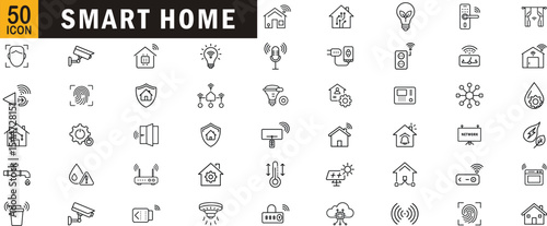 Smart home editable outline icon set. Automation security energy control sensor lighting voice assistant and more.
