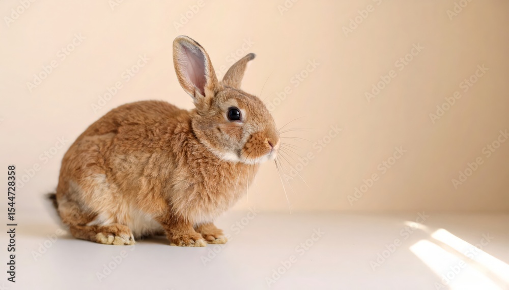 Obraz premium A brown rabbit rests on a beige surface, showcasing soft shadows and detailed fur in neutral tones.