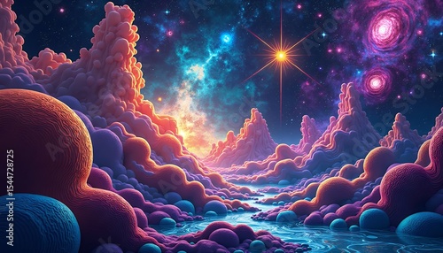 Surreal Sky Landscape with Nebula and River