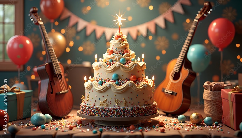 Obraz premium Birthday Cake Celebration with Guitar and Balloons