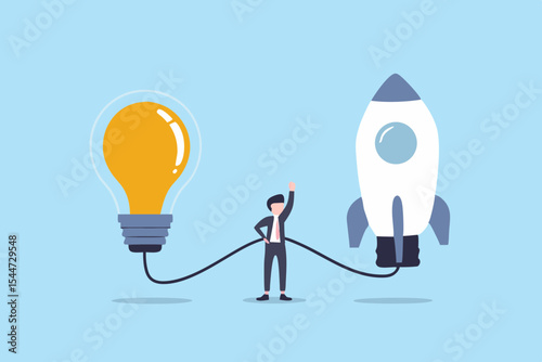 Business Idea and Startup Launch Businessman Connecting a Light Bulb to a Rocket for Innovation and Growth on Blue Background