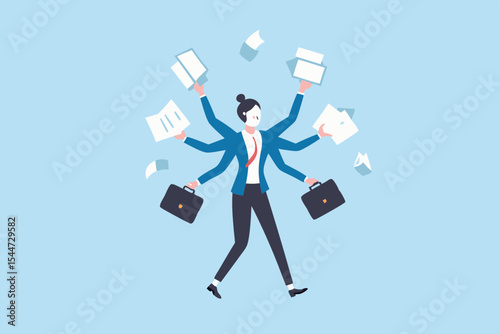 Businesswoman with Multiple Arms Handling Tasks Documents and Briefcases Representing Multitasking Efficiency and Time Management in a Fast Paced Corporate