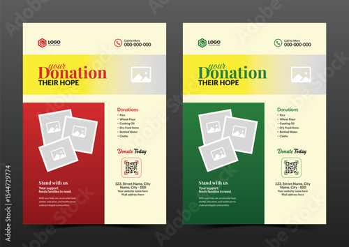 Professional charity flyer template for fundraising and donation events in red and green color versions