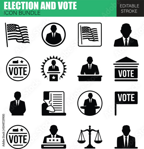 Political and Election Icon Pack Designed for Web, Mobile Apps, Infographics, and Print — Including Government Buildings, Protest Icons, Voting Actions, and Civic Rights