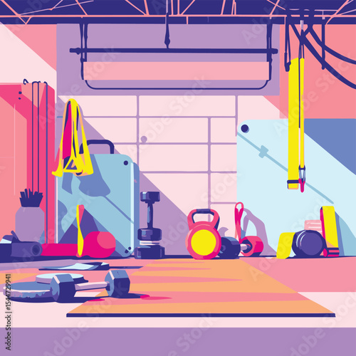 Colorful Gym Interior with Fitness Tools